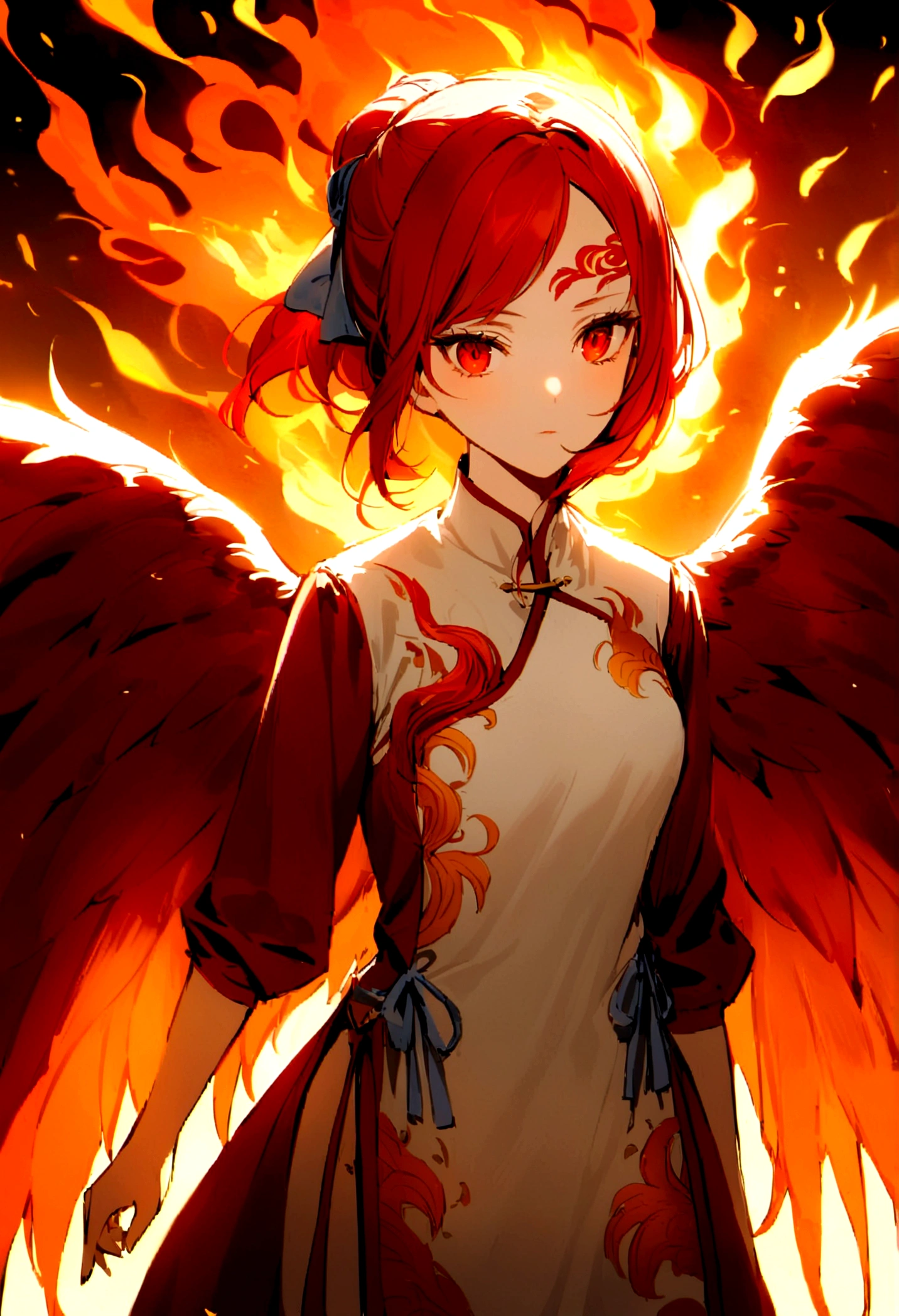 A girl with long straight red hair and red eyes, dressed in a tunic with cloud embroidery and a light blue ribbon on her forehead with cloud embroidery, her wings were red like that of the phoenix with fire, she has adult skin and is surrounded by disciples preparing a war