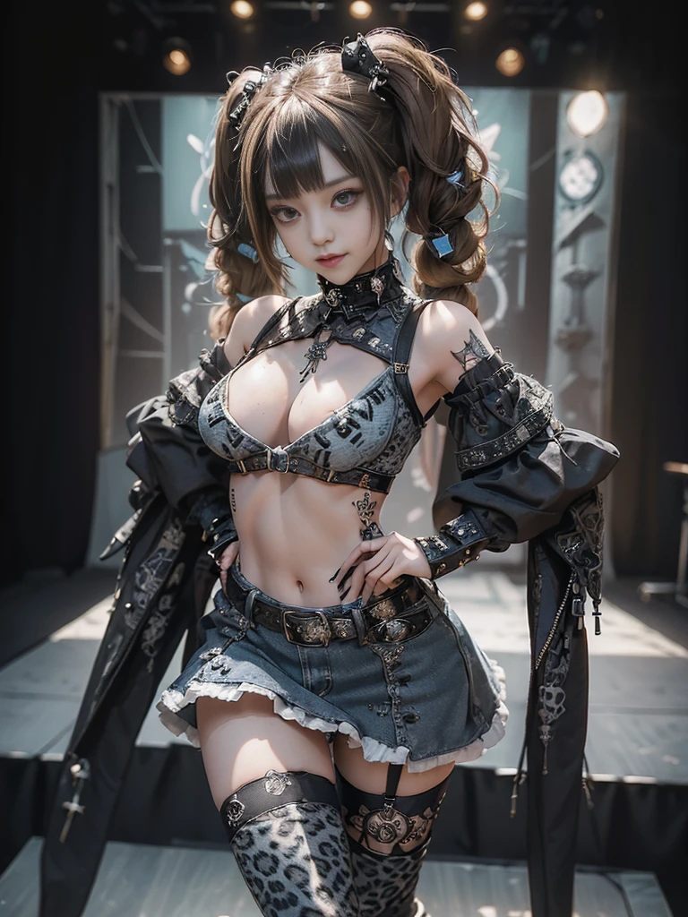 (Full Body View:1.2)、(Smiling with teeth showing:1.3),(Hollywood actress:1.5)、(Gothic ta style fashion:1.5)、(Punk RockVisual Kei:1.5)、(Wearing a sweater with intricate decoration:1.4)、(A mini skirt with delicate white, denim and charcoal embellishments.:1.5)、(Denim, light blue and leopard print boots:1.3)、((belt))、(Numerous intricate patterns all over the costume:1.4)、(collar:1.3)、(Leopard print underwear:1.5)、20-year-old、NSFW、((Highest quality、In 8K、masterpiece:1.3))、Sharp focus:1.2、(Layered Cut、Huge boobs:1.1),Beautiful woman with perfect figure:1.4、(Dancing vigorously:1.3)、Slender Abs:1.2、Highly detailed face and skin texture、Detailed eyes、double eyelid,(Twin tails:1.3)、(Brown-golden hair:1.3)、Gravure idol、(The background is the stage of the fashion show:1.3)、(Slim body:1.3),(Make your legs thinner:1.4),(clavicle:1.1)