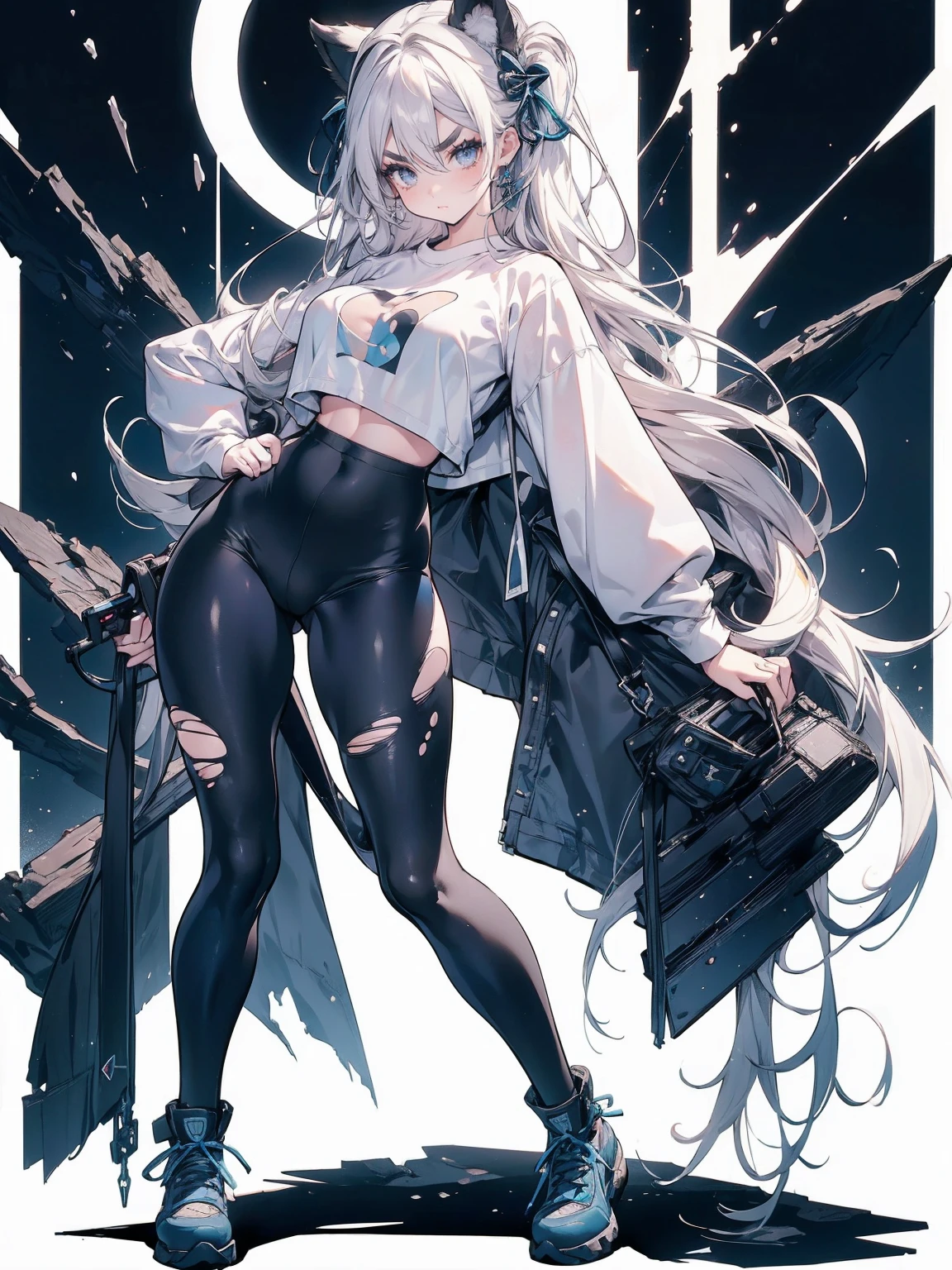 Sense of presence, look up, Focus on shoes, (White Hair Girl), (Thick, dark blue eyebrows:1.4), (Dark blue eyebrows:1.7), (Thick eyebrows:1.3), (Huge black fluffy animal ears:1.1), (Black animal ears:1.1), BREAK, (((Mesh Stitching Crop T-Shirt, Cutout Long Sleeve Top))),BREAK, (Big Breasts:1.2, Thick legs, Adult female body, Sturdy body:1.2), ((full body:1.7, Contrapposto:1.5)), (sharp eyes, Ultra-high definition CG, Precisely designed costumes, 4K, 8K, Ultra-high definition CG, Precisely designed costumes, Clear lines, Expressive and Captivating Eyes, Fine Details and Realistic Textures, cinematic lighting), ((white background)), BREAK, (Wearing black leggings with holes), Skinny sleeves, (Torn and holey leggings:1.2)(Black leggings:1.4), (過剰なRuggedThick soleブーツを履いています:1.2), (Thick sole:1.5), (Big shoes:1.3), brwak,((Lightsabers:1.3, embarrassed))