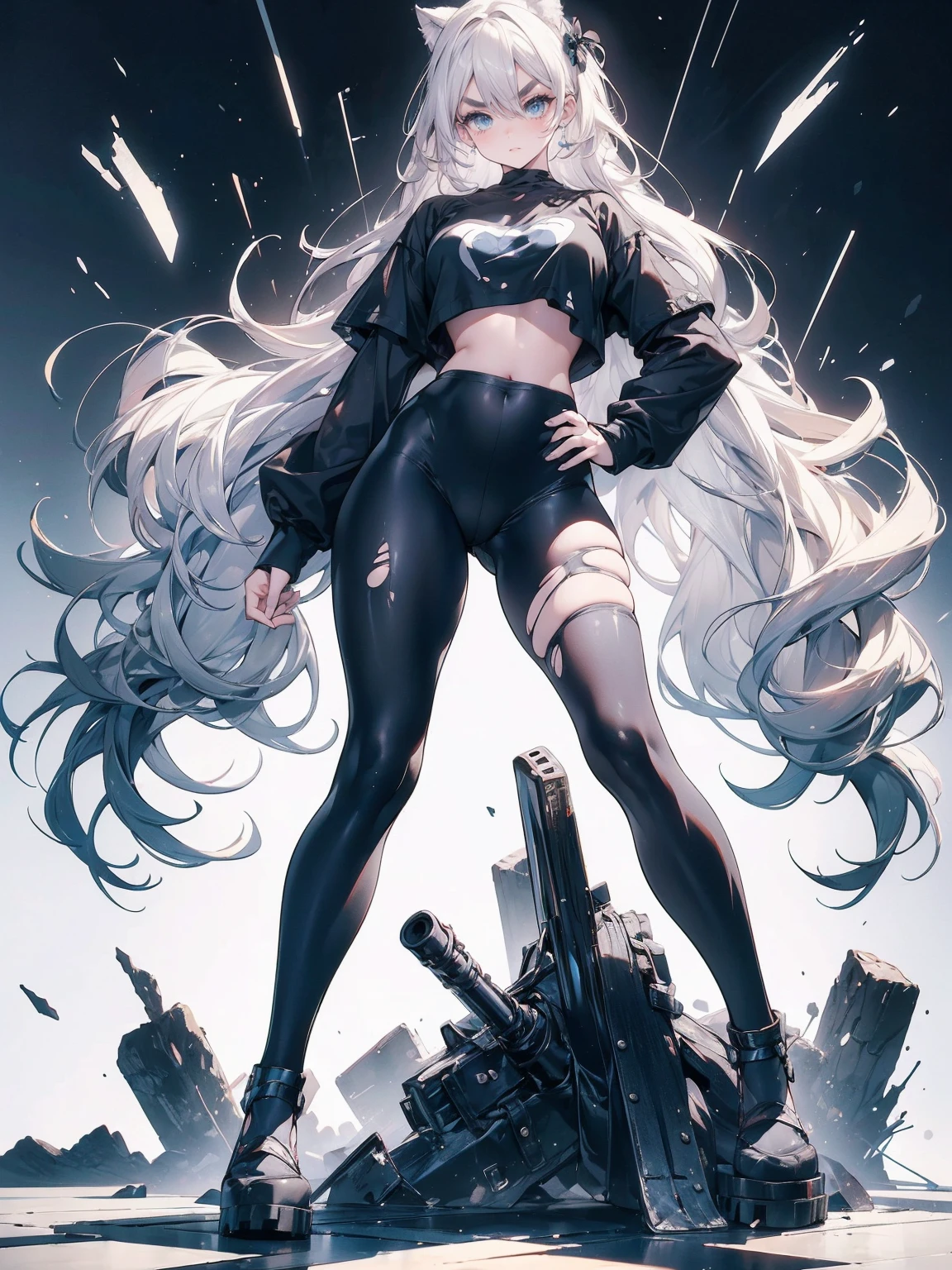 Sense of presence, look up, Focus on shoes, (White Hair Girl), (Thick, dark blue eyebrows:1.4), (Dark blue eyebrows:1.7), (Thick eyebrows:1.3), (Huge black fluffy animal ears:1.1), (Black animal ears:1.1), BREAK, (((Mesh Stitching Crop T-Shirt, Cutout Long Sleeve Top))),BREAK, (Big Breasts:1.2, Thick legs, Adult female body, Sturdy body:1.2), ((full body:1.7, Contrapposto:1.5)), (sharp eyes, Ultra-high definition CG, Precisely designed costumes, 4K, 8K, Ultra-high definition CG, Precisely designed costumes, Clear lines, Expressive and Captivating Eyes, Fine Details and Realistic Textures, cinematic lighting), ((white background)), BREAK, (Wearing black leggings with holes), Skinny sleeves, (Torn and holey leggings:1.2)(Black leggings:1.4), (過剰なRuggedThick soleブーツを履いています:1.2), (Thick sole:1.5), (Big shoes:1.3), brwak,((Lightsabers:1.3, embarrassed))