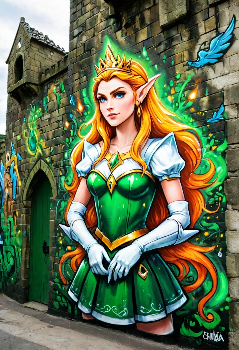 a graffiti painting art on the wall of the castle of the elf Princess Zelda on the wall of a castle ,Princess Zelda (intense details, Masterpiece, best quality: 1.5), wearing intricate green dress, delicate diamond crow, ultra detailed face, ultra feminine, fair skin, exquisite beauty, gold hair, long hair, wavy hair, small pointed ears, dynamic eyes color, wearing heavy green and white armor, shinning metal, armed with elven sword, ais-graffiti, chumbasket art style, graffiti art 