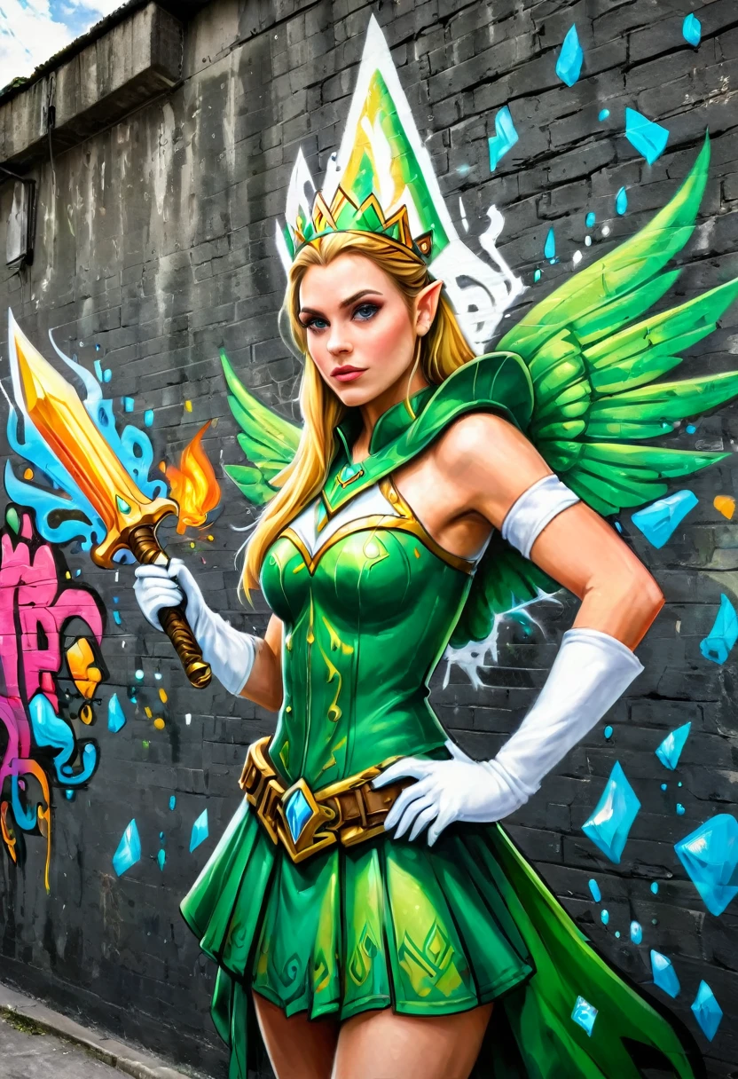 a graffiti painting art on the wall of the castle of the elf Princess Zelda on the wall of a castle ,Princess Zelda (intense details, Masterpiece, best quality: 1.5), wearing intricate green dress, delicate diamond crow, ultra detailed face, ultra feminine, fair skin, exquisite beauty, gold hair, long hair, wavy hair, small pointed ears, dynamic eyes color, wearing heavy green and white armor, shinning metal, armed with elven sword, ais-graffiti, chumbasket art style, graffiti art 