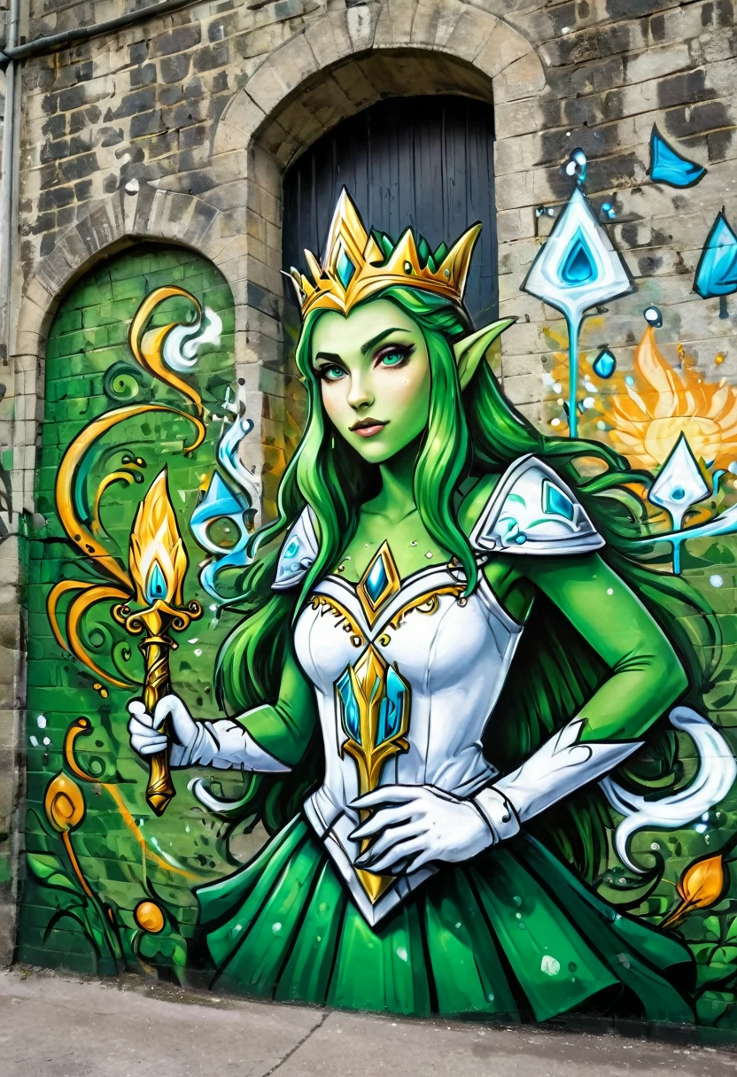 a graffiti painting art on the wall of the castle of the elf Princess Zelda on the wall of a castle ,Princess Zelda (intense details, Masterpiece, best quality: 1.5), wearing intricate green dress, delicate diamond crow, ultra detailed face, ultra feminine, fair skin, exquisite beauty, gold hair, long hair, wavy hair, small pointed ears, dynamic eyes color, wearing heavy green and white armor, shinning metal, armed with elven sword, ais-graffiti, chumbasket art style, graffiti art 