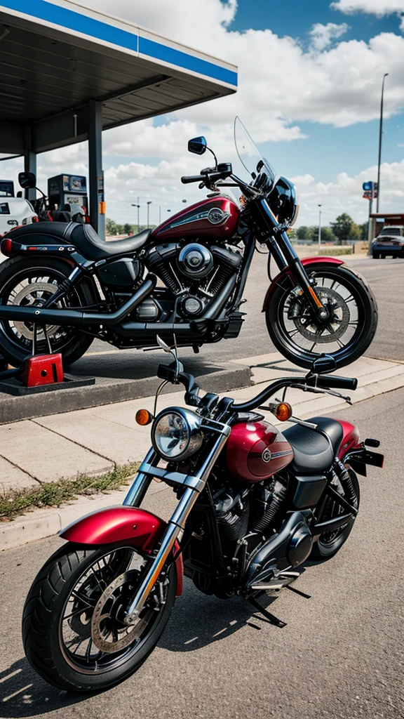 there is a motorcycle parked in front of a gas station, a picture by Daniel Seghers, pexels contest winner, photorealism, harley davidson motorbike, harley davidson, shot with sony alpha 1 camera, motorcycle, shot with sony alpha, shot on leica sl2, shot on canon eos r 5, shot on canon eos r5