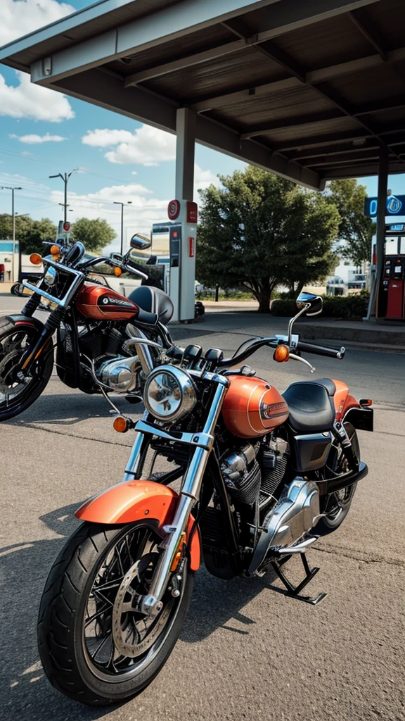 there is a motorcycle parked in front of a gas station, a picture by Daniel Seghers, pexels contest winner, photorealism, harley davidson motorbike, harley davidson, shot with sony alpha 1 camera, motorcycle, shot with sony alpha, shot on leica sl2, shot on canon eos r 5, shot on canon eos r5