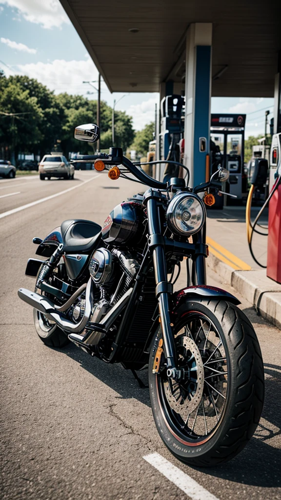 there is a motorcycle parked in front of a gas station, a picture by Daniel Seghers, pexels contest winner, photorealism, harley davidson motorbike, harley davidson, shot with sony alpha 1 camera, motorcycle, shot with sony alpha, shot on leica sl2, shot on canon eos r 5, shot on canon eos r5