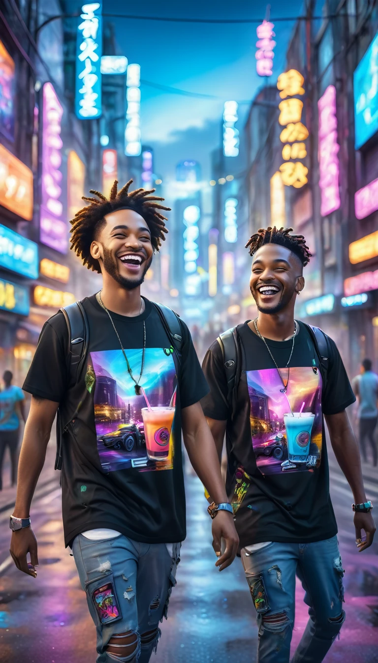 BLACK adult men dressed in urban clothing t-shirts, In an urban landscape and holographic signs, HAPPY on the road. are drinking and laughing, The background is modern and cyberpunk, high tech vibe. Lovely Digital Painting, 3D rendering, Bright lighting, swirly vibrant colors. adult people, BEAUTIFUL black people, different faces.