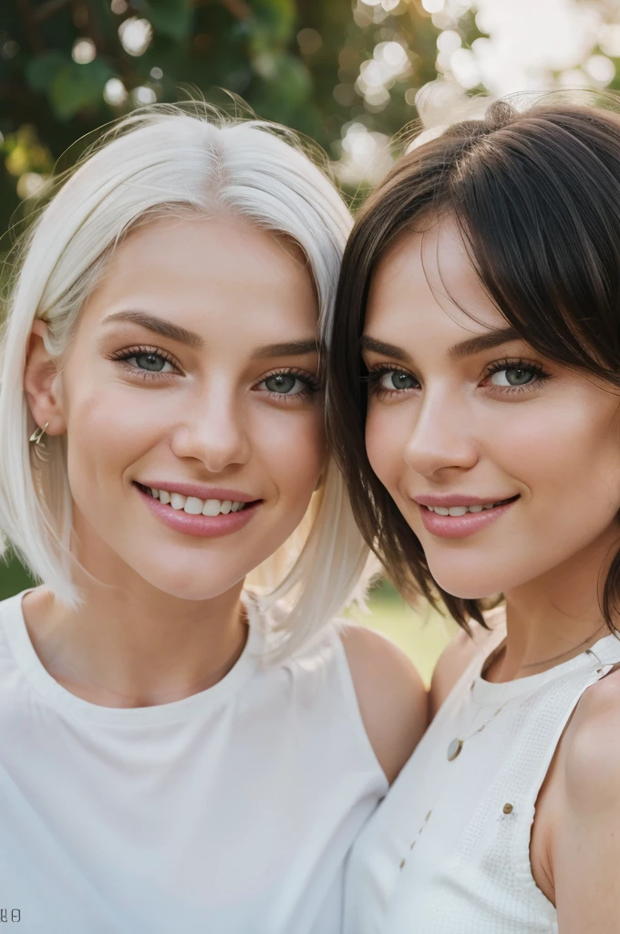 1 white haired girl, 1 brunette haired girl, together, side by side, beautiful girls, age 21, beautiful smiles, laughing, in washington, they are male magazine girls, detailed skin, realistic, photo-realistic, 8k sharp focus, highly detailed, full length frame, High detail RAW color art, piercing, diffused soft lighting, shallow depth of field, sharp focus, hyperrealism, cinematic lighting