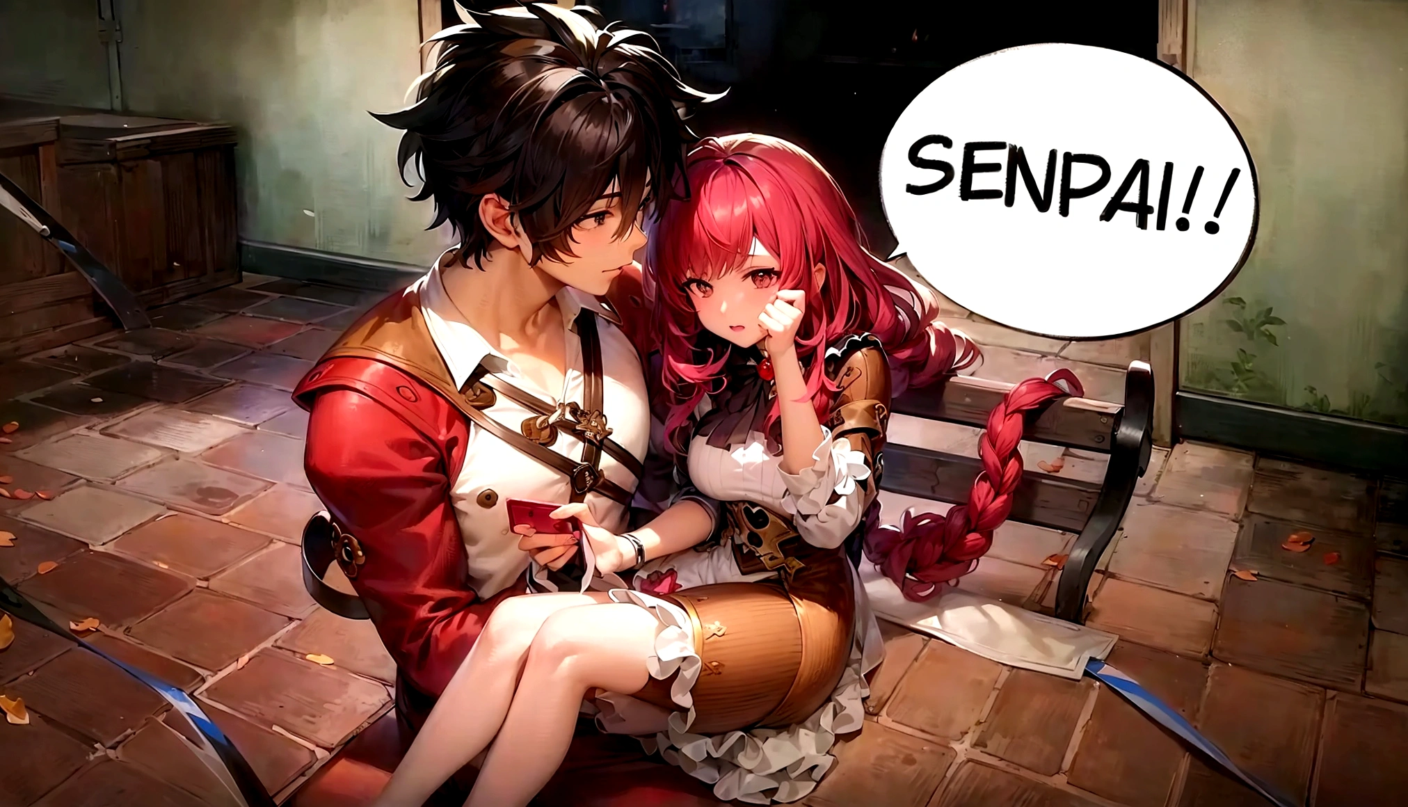 anime - style picture of a couple sitting on a bench with a comic bubble above them, ben maier and sakimichan, sfw version, anime in fantasy style, kawacy, fus rei, shadowverse style, sakimichan and frank franzzeta, manhwa, granblue fantasy, hidari and vlop, lewd