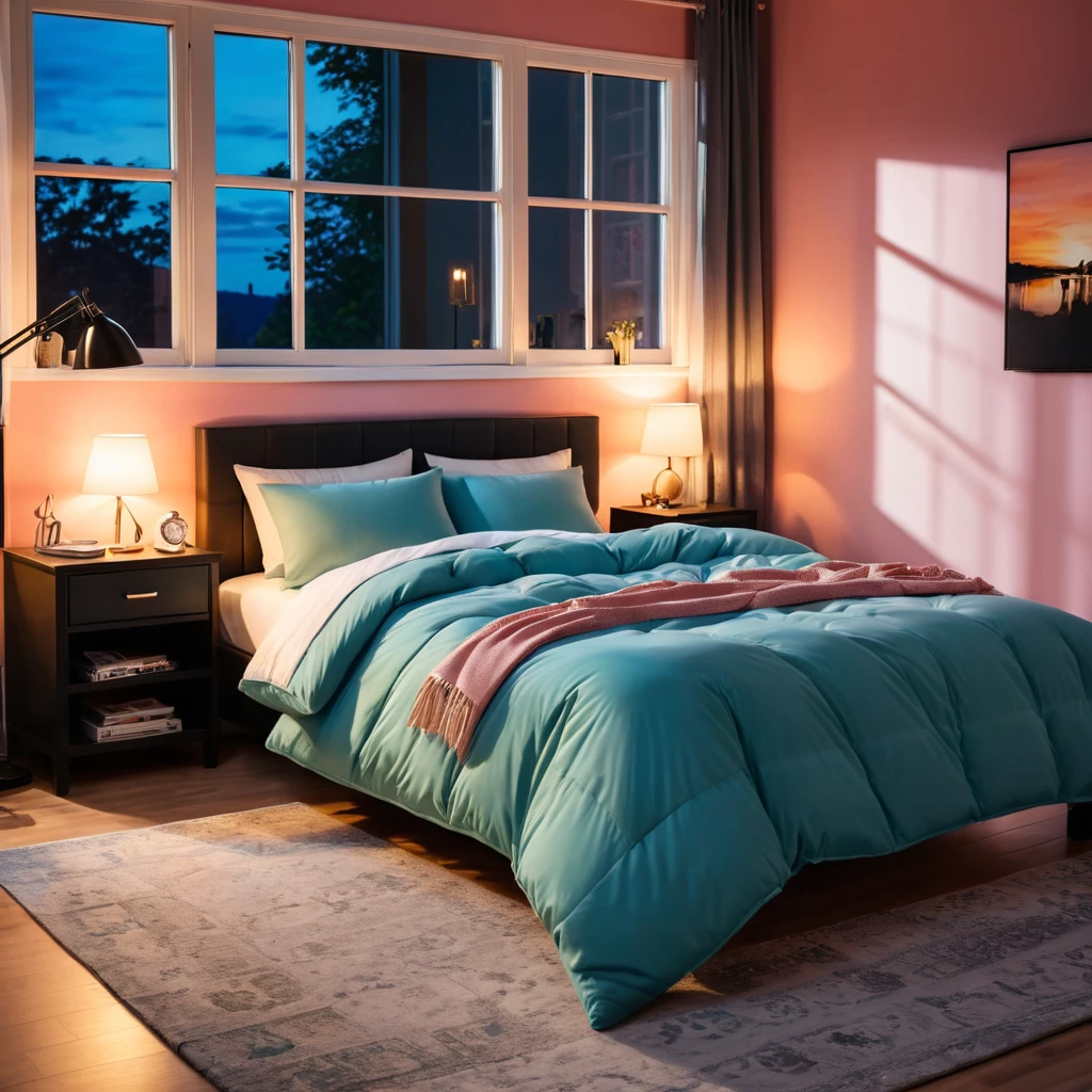 inside of a sex addict teenagers room, there is a bed with a comforter, radiant evening light