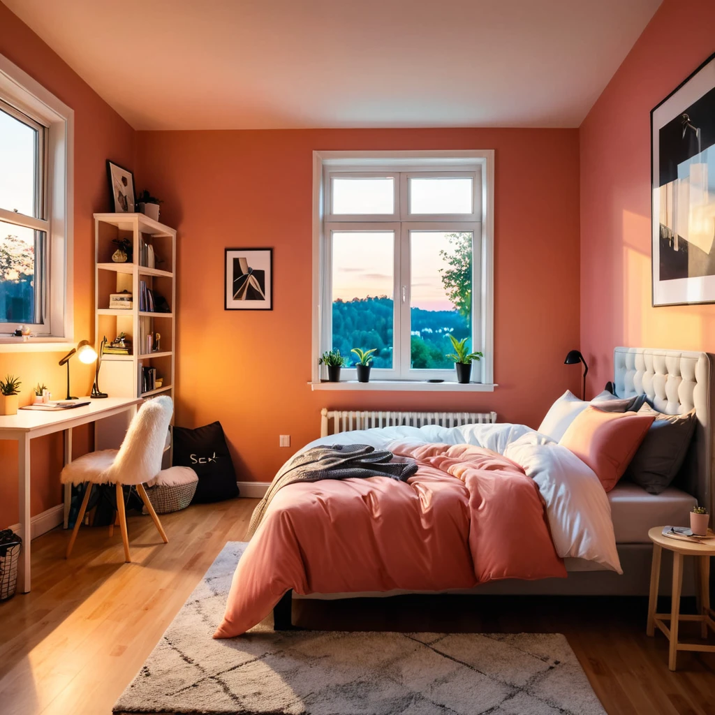 inside of a sex addict teenagers room, there is a bed with a comforter, radiant evening light
