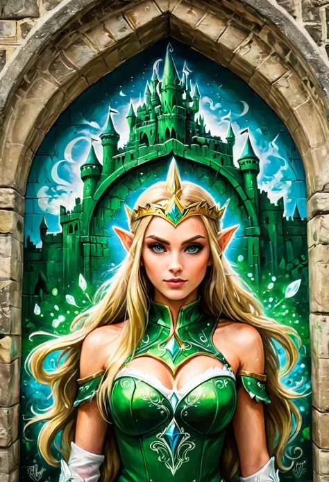 aa graffiti painting art on the wall of the castle of the elf princess zelda on the wall of a castle ,princess zelda (intense de...