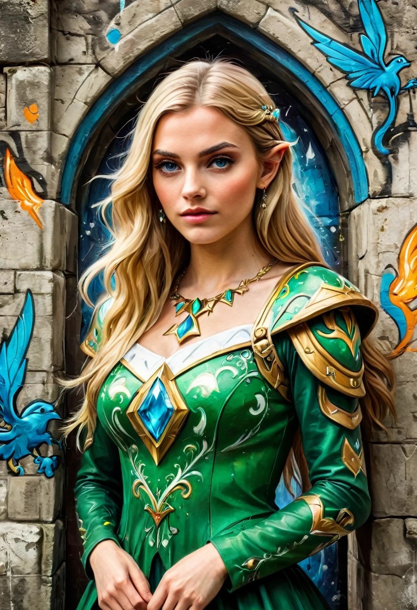 aa graffiti painting art on the wall of the castle of the elf Princess Zelda on the wall of a castle ,Princess Zelda (intense details, Masterpiece, best quality: 1.5), wearing intricate green dress, delicate diamond crow, ultra detailed face, ultra feminine, fair skin, exquisite beauty, gold hair, long hair, wavy hair, small pointed ears, dynamic eyes color, wearing heavy green and white armor, shinning metal, armed with elven sword, ais-graffiti, chumbasket art style, graffiti art