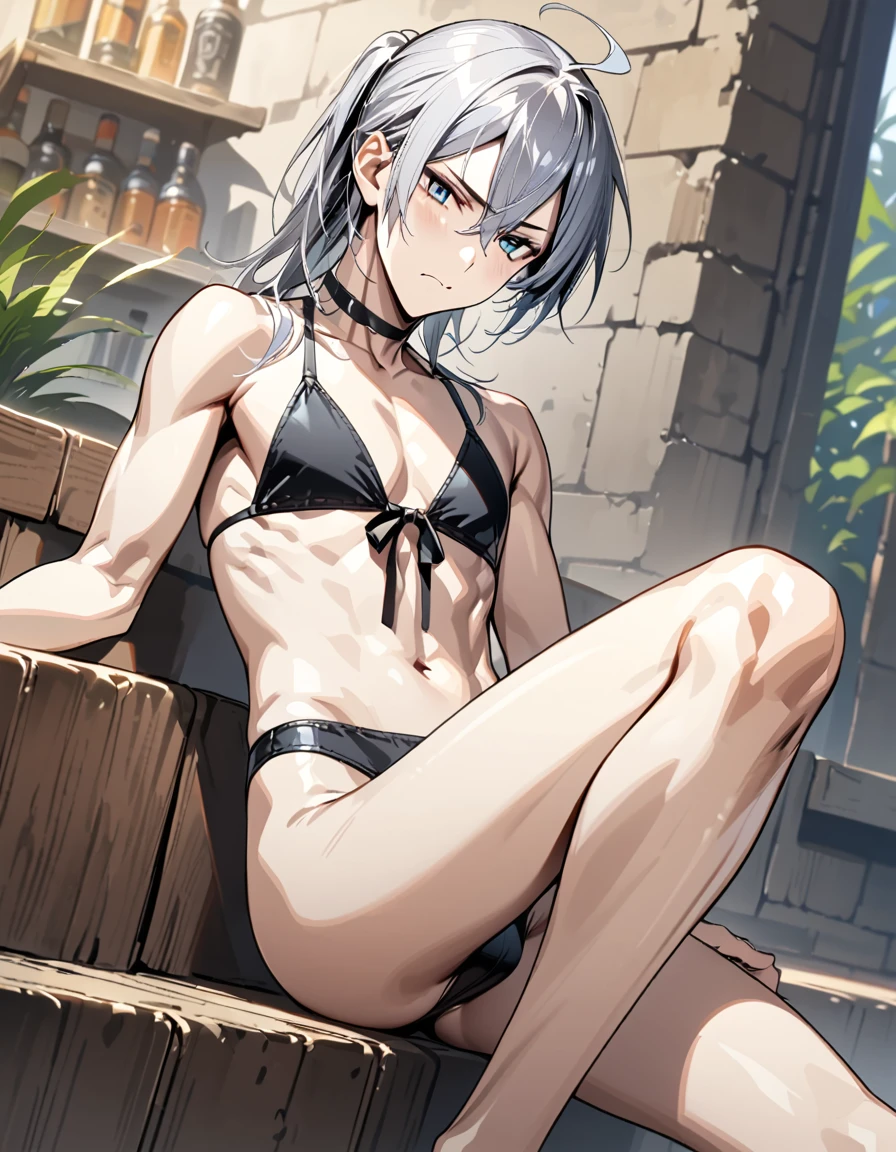 absurdres, highres, ultra detailed, super fine illustration, best quality, 1boy, perfect anatomy, male focus, solo, (dark-skinned:0.8) male, silver hair, long hair, black bikini, bare shoulders, bare arms, bare legs, &lt;lora:_L2090:-0.6&gt; &lt;lora:flat:-0.2&gt;