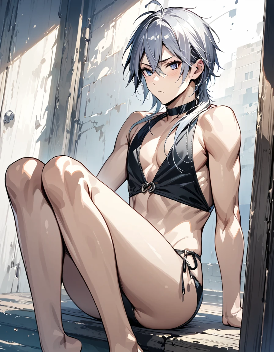 absurdres, highres, ultra detailed, super fine illustration, best quality, 1boy, perfect anatomy, male focus, solo, (dark-skinned:0.8) male, silver hair, long hair, black bikini, bare shoulders, bare arms, bare legs, <lora:_L2090:-0.6> <lora:flat:-0.2>