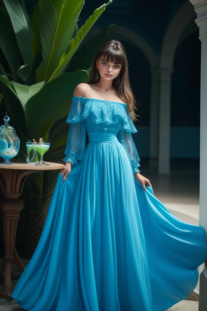  Paulina Porizkova, ultra-detailed face, ultra detailed blue eyes, (bangs), (dress, long skirt), legs, tropical water, (((masterpiece)))