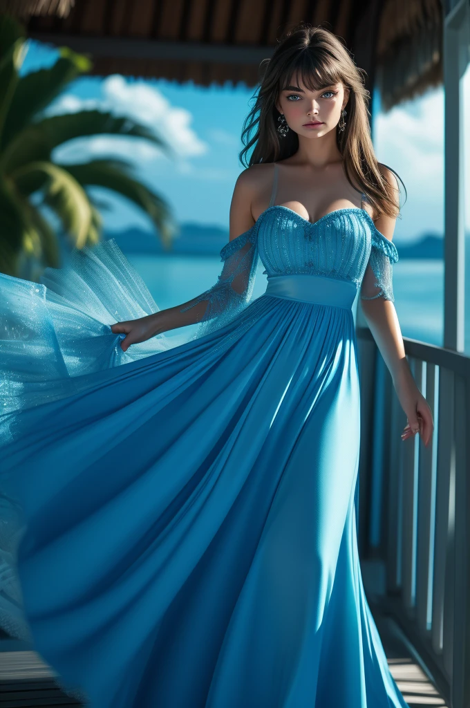 Paulina Porizkova, ultra-detailed face, ultra detailed blue eyes, (bangs), (dress, long skirt), legs, tropical water, (((masterpiece)))