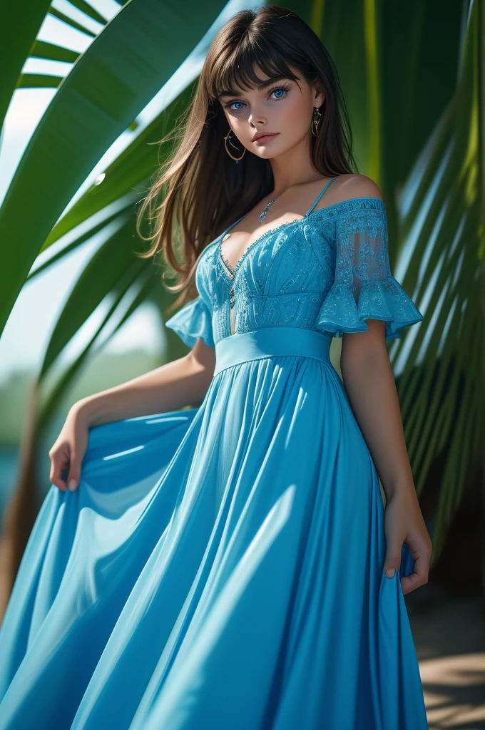 Paulina Porizkova, ultra-detailed face, ultra detailed blue eyes, (bangs), (dress, long skirt), legs, tropical water, (((masterpiece)))