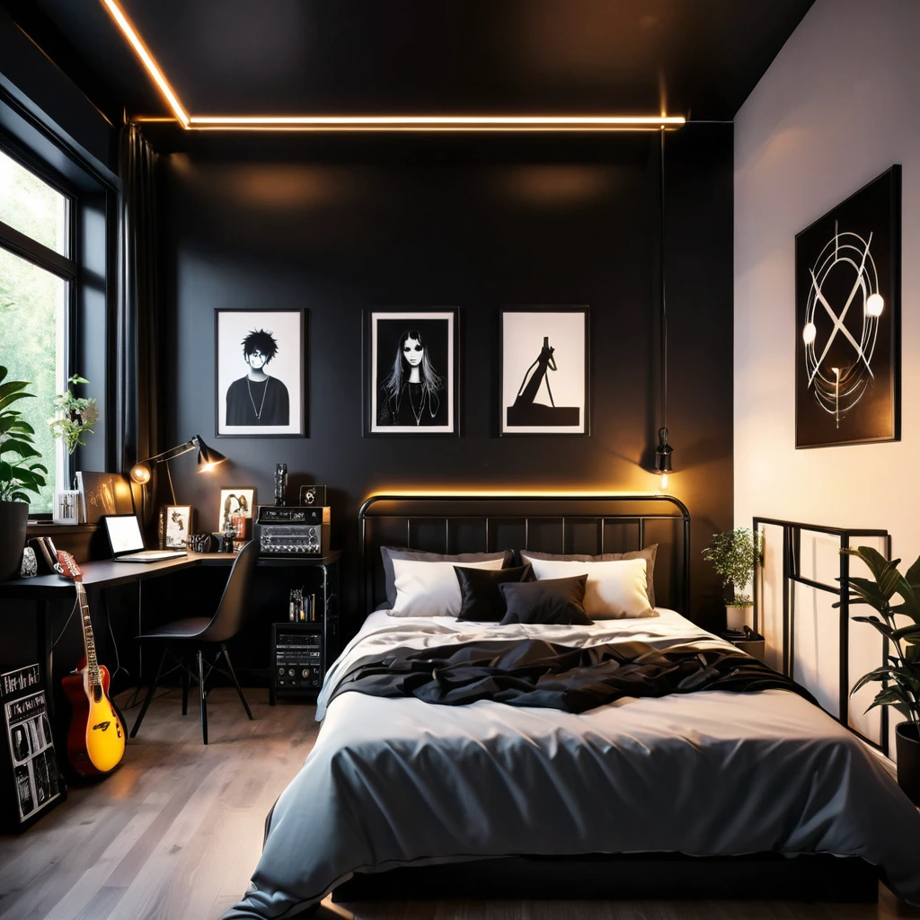 inside of a black metal music lover agers room, there is a bed, radiant evening light