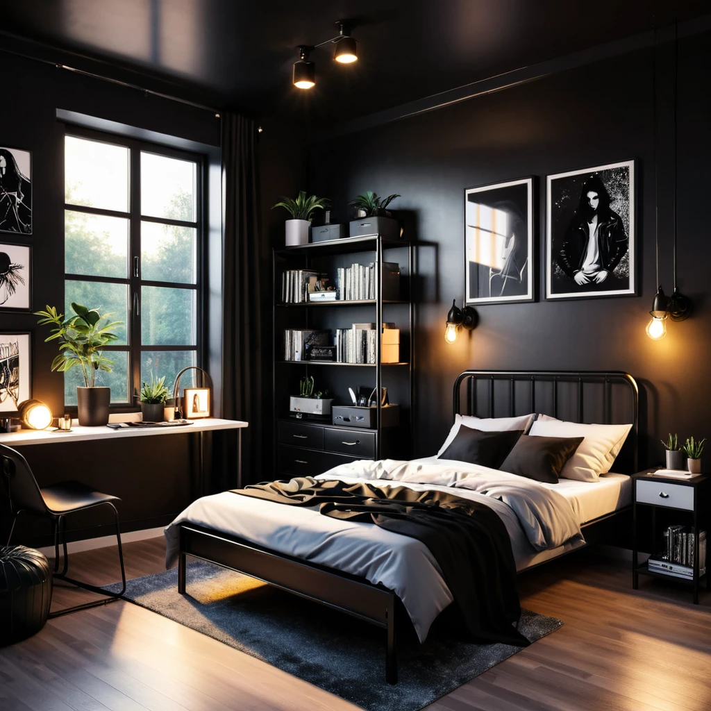 inside of a black metal music lover teenagers room, there is a bed, radiant evening light