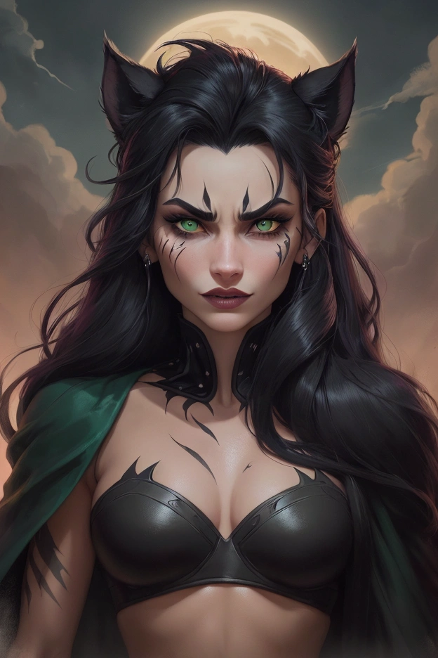 A close-up, stylized animated illustration focusing intently on the prominent, thick, jagged line running vertically across the left eye of the character Scar from the 1994 Disney film "The Lion King". This defining scar is the dominant and most striking feature, a bold, dramatic line cutting across Scar's piercing green eye. Details of his dark mane and slightly menacing expression with bared teeth are present, but the scar itself is the central focus, commanding the viewer's full attention. The atmospheric night landscape with a crescent moon in the background provides a moody, mysterious setting that heightens the intensity and significance of this iconic facial feature. The illustration style is reminiscent of the work of artist Chris Sanders, offering a unique and captivating interpretation that powerfully emphasizes this defining characteristic of the classic Disney villain.