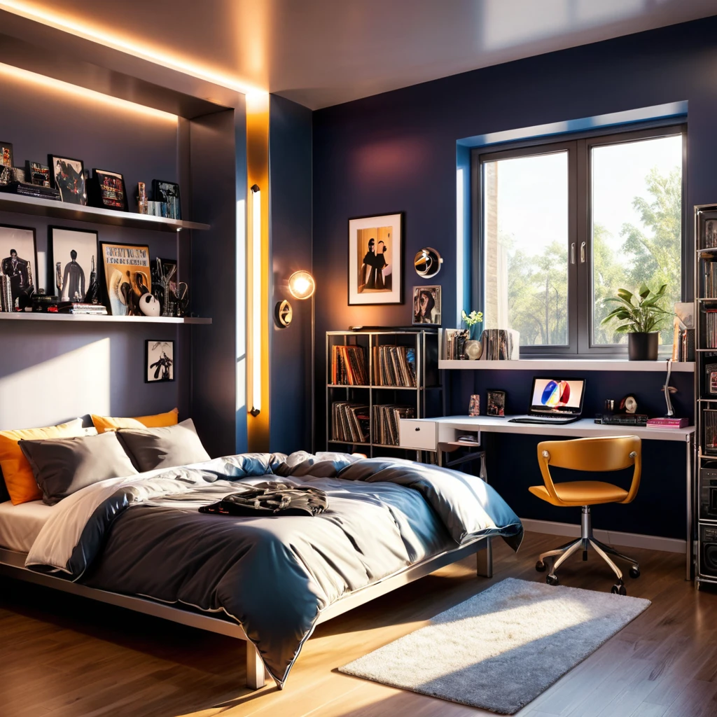 inside of a numetal music lover agers room, there is a bed, radiant evening light
