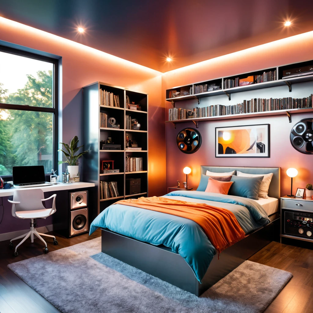 inside of a numetal music lover teenagers room, there is a bed, radiant evening light