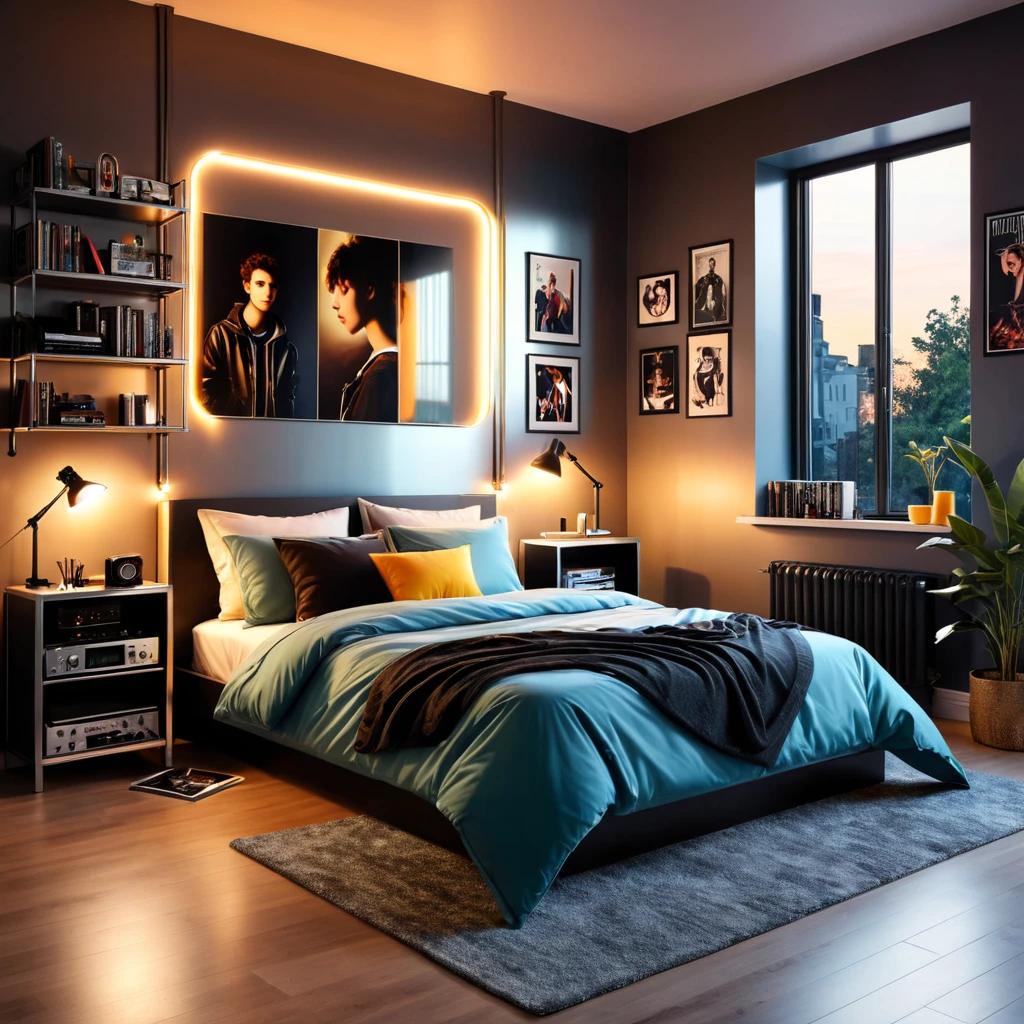 inside of a numetal music lover teenagers room, there is a bed, radiant evening light
