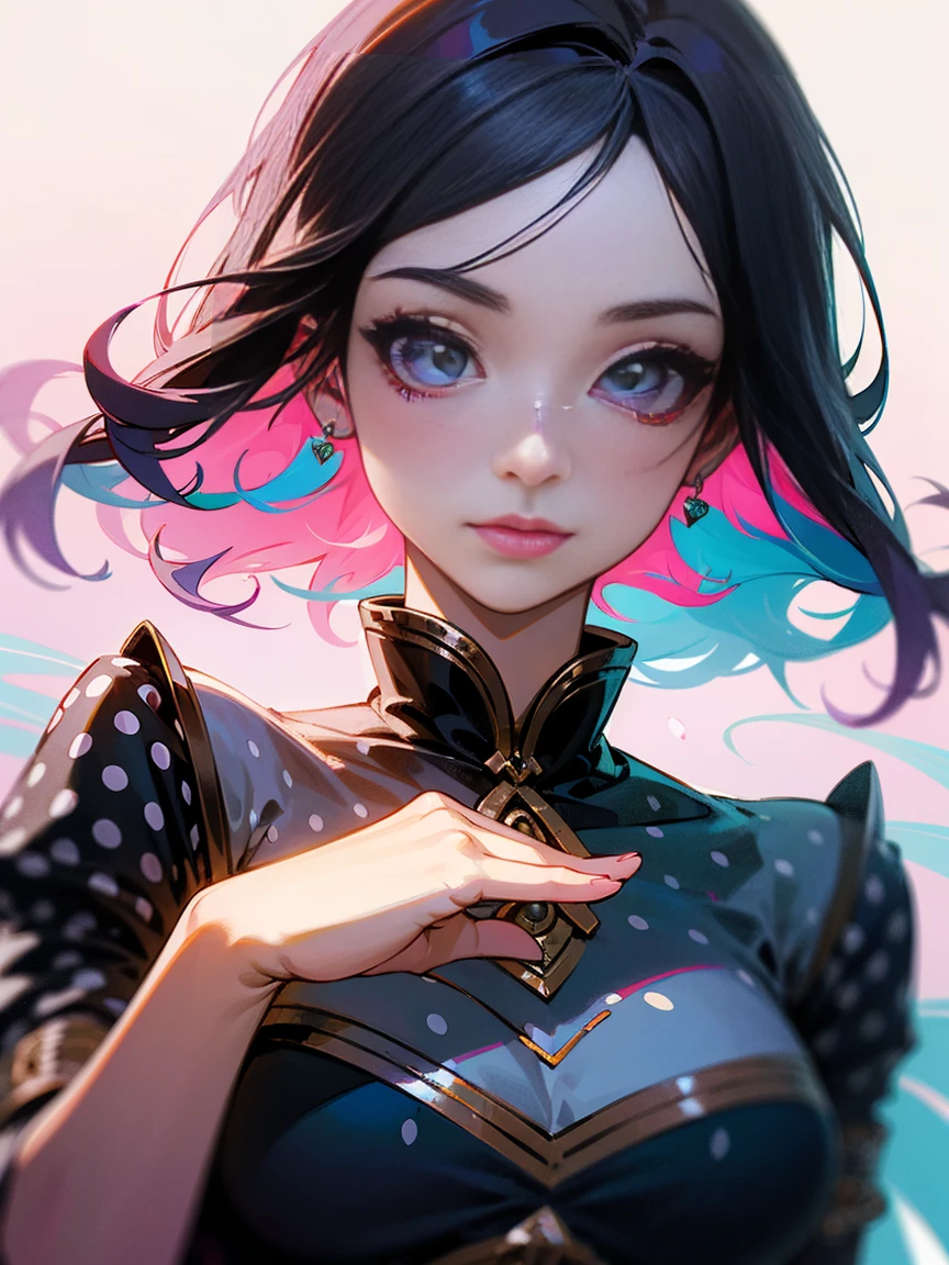 A magical girl in a confident pose, waist up digital half body portrait, detailed enchanting facial features, long eyelashes, pink polka dot dress, seamless and vibrant, mystical realm-air background, clean digital art, best quality, 4k, highres, masterpiece, ultra-detailed, photorealistic