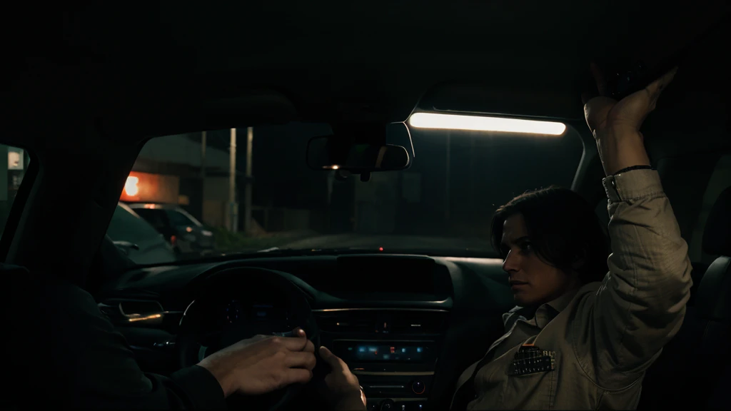 The driver aiming the gun at the inmate, who stands with hands raised. down the dark, foreboding road at night.