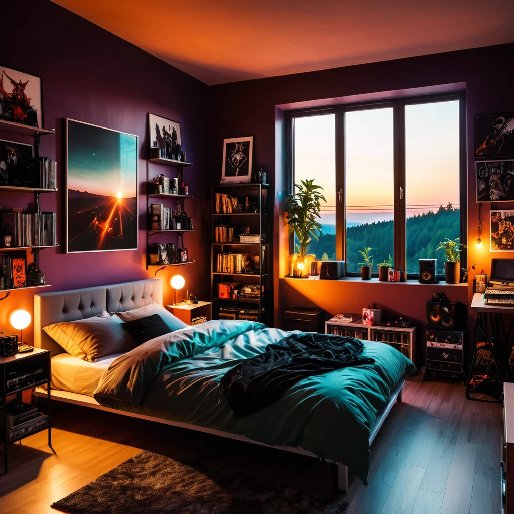 inside of a doom metal music lover teenagers room, there is a bed, radiant evening light