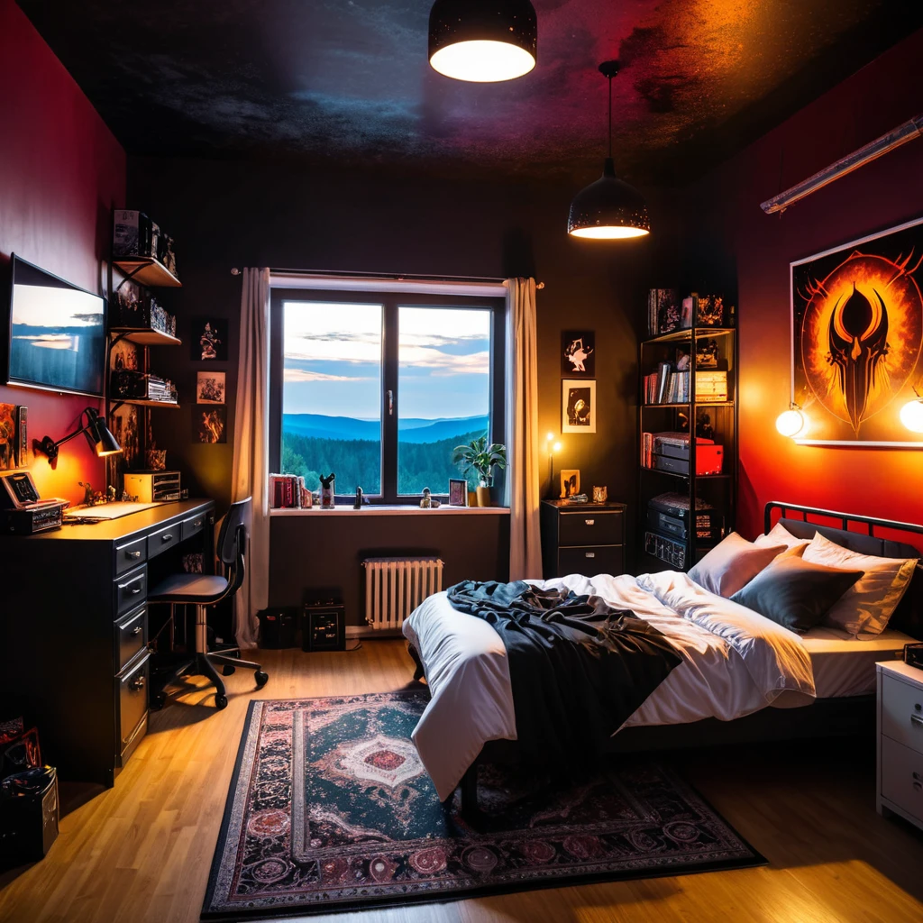 inside of a doom metal music lover teenagers room, there is a bed, radiant evening light