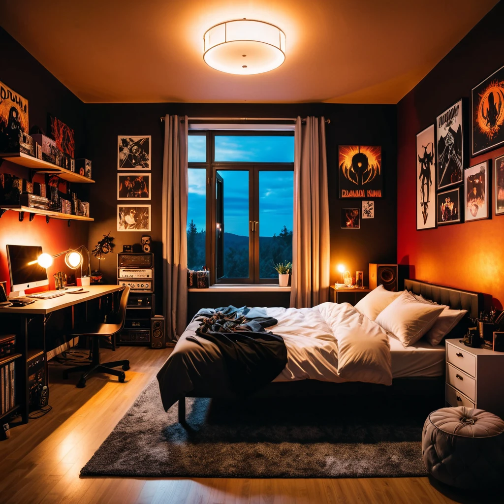 inside of a doom metal music lover teenagers room, there is a bed, radiant evening light