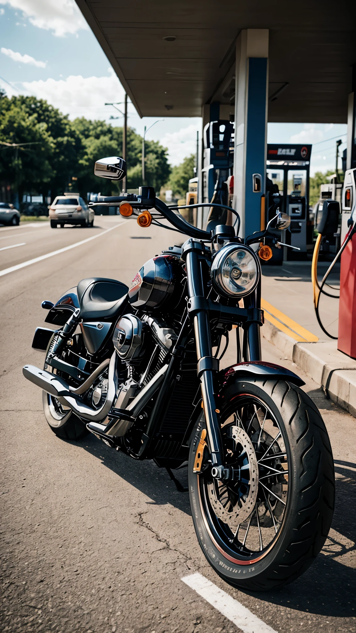 there is a motorcycle parked in front of a gas station, a picture by Daniel Seghers, pexels contest winner, photorealism, harley davidson motorbike, harley davidson, shot with sony alpha 1 camera, motorcycle, shot with sony alpha, shot on leica sl2, shot on canon eos r 5, shot on canon eos r5