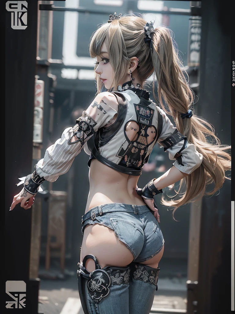 (Full Body View:1.1)、(Back view:1.4)、(Smiling with teeth showing:1.3),(Shibuya Gal:1.5)、(Gothic ta style fashion:1.5)、(Punk RockVisual Kei:1.5)、(Wearing a rhythmic gymnastics bodysuit with intricate details:1.4)、(Racing suit and pants with intricate decorations in white, denim and charcoal:1.5)、(Denim and light blue and white boots:1.3)、((belt))、(Numerous delicate logo marks all over the costume:1.4)、(collar:1.3)、(Striped underwear:1.5)、20-year-old、NSFW、((Highest quality、In 8K、masterpiece:1.3))、Sharp focus:1.2、(Layered Cut、Huge boobs:1.1),Beautiful woman with perfect figure:1.4、(Dancing vigorously:1.3)、Slender Abs:1.2、Highly detailed face and skin texture、Detailed eyes、double eyelid,(Twin tails:1.3)、(Brown-golden hair:1.3)、Gravure idol、(The background is a dance carnival:1.3)、(Slim body:1.3),(Make your legs thinner:1.4),（clavicle:1.1）、(Thin and slim thighs:1.3)