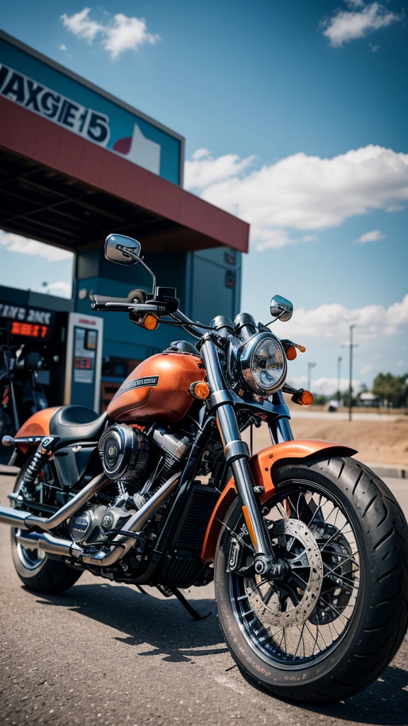 there is a motorcycle parked in front of a gas station, a picture by Daniel Seghers, pexels contest winner, photorealism, harley davidson motorbike, harley davidson, shot with sony alpha 1 camera, motorcycle, shot with sony alpha, shot on leica sl2, shot on canon eos r 5, shot on canon eos r5