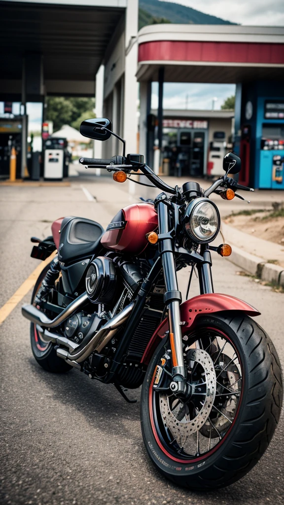 there is a motorcycle parked in front of a gas station, a picture by Daniel Seghers, pexels contest winner, photorealism, harley davidson motorbike, harley davidson, shot with sony alpha 1 camera, motorcycle, shot with sony alpha, shot on leica sl2, shot on canon eos r 5, shot on canon eos r5