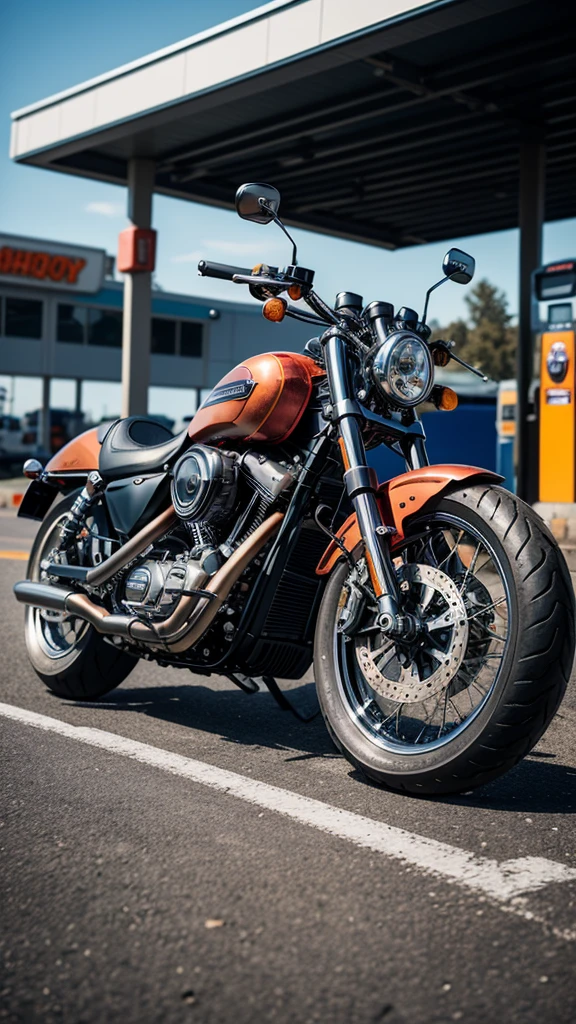 there is a motorcycle parked in front of a gas station, a picture by Daniel Seghers, pexels contest winner, photorealism, harley davidson motorbike, harley davidson, shot with sony alpha 1 camera, motorcycle, shot with sony alpha, shot on leica sl2, shot on canon eos r 5, shot on canon eos r5