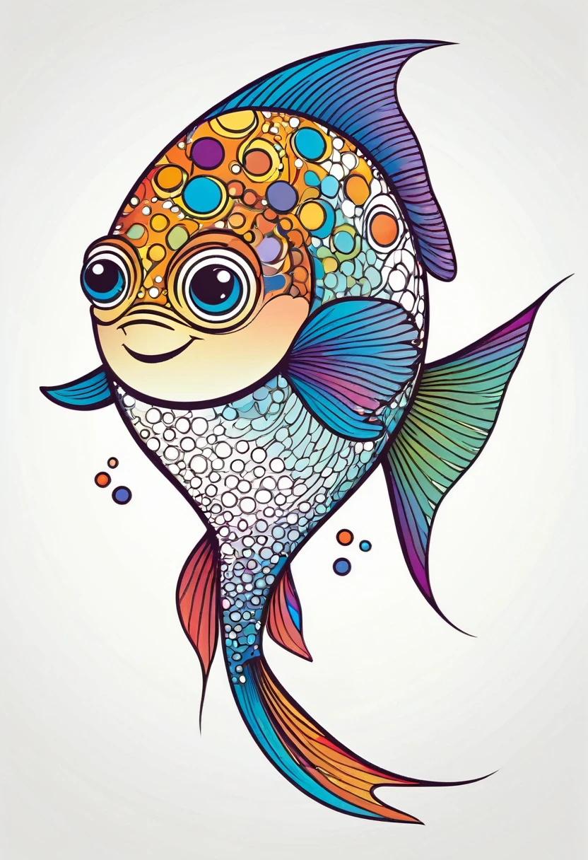 happy multicolored fish, Lines and Dots style, outline, vector, white background