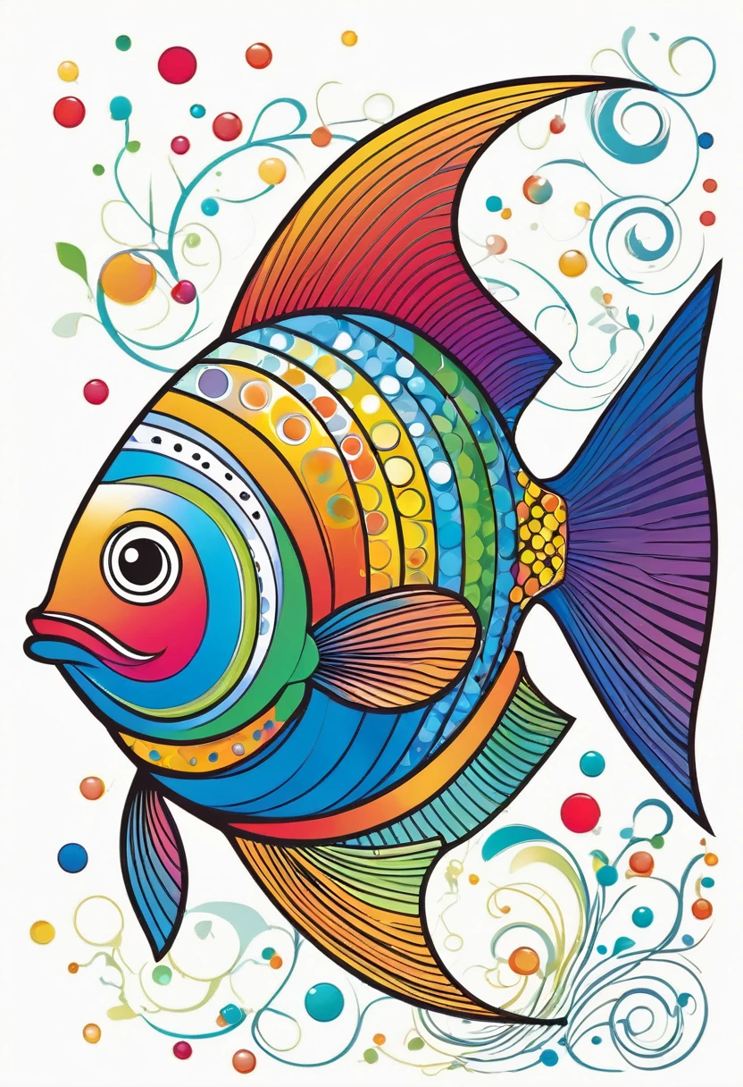 happy multicolored fish, Lines and Dots style, outline, vector, white background