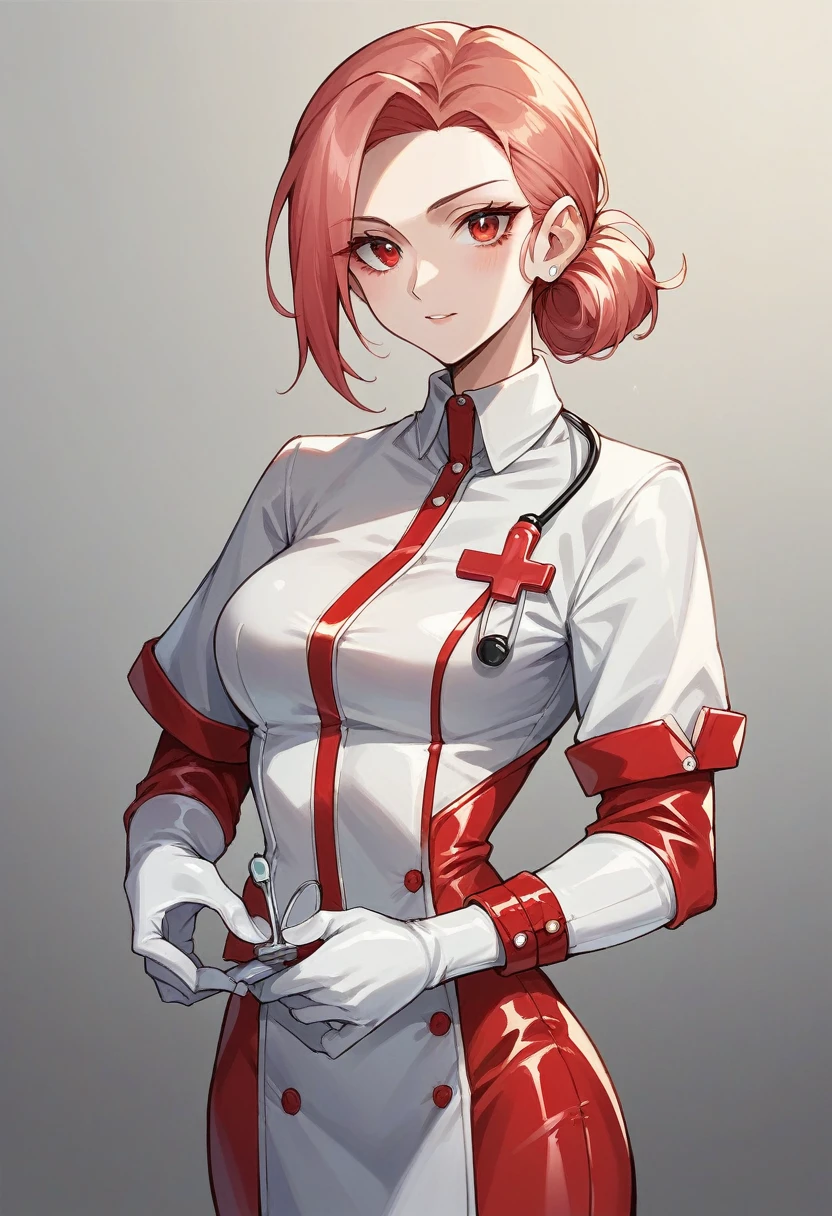 1girl, ((white elbow gloves)), ((surgical gloves)), ((latex gloves)), ((long sleeves)), ((red surgeon outfit)), ((red doctor outfit)), looking at viewer, standing, solo