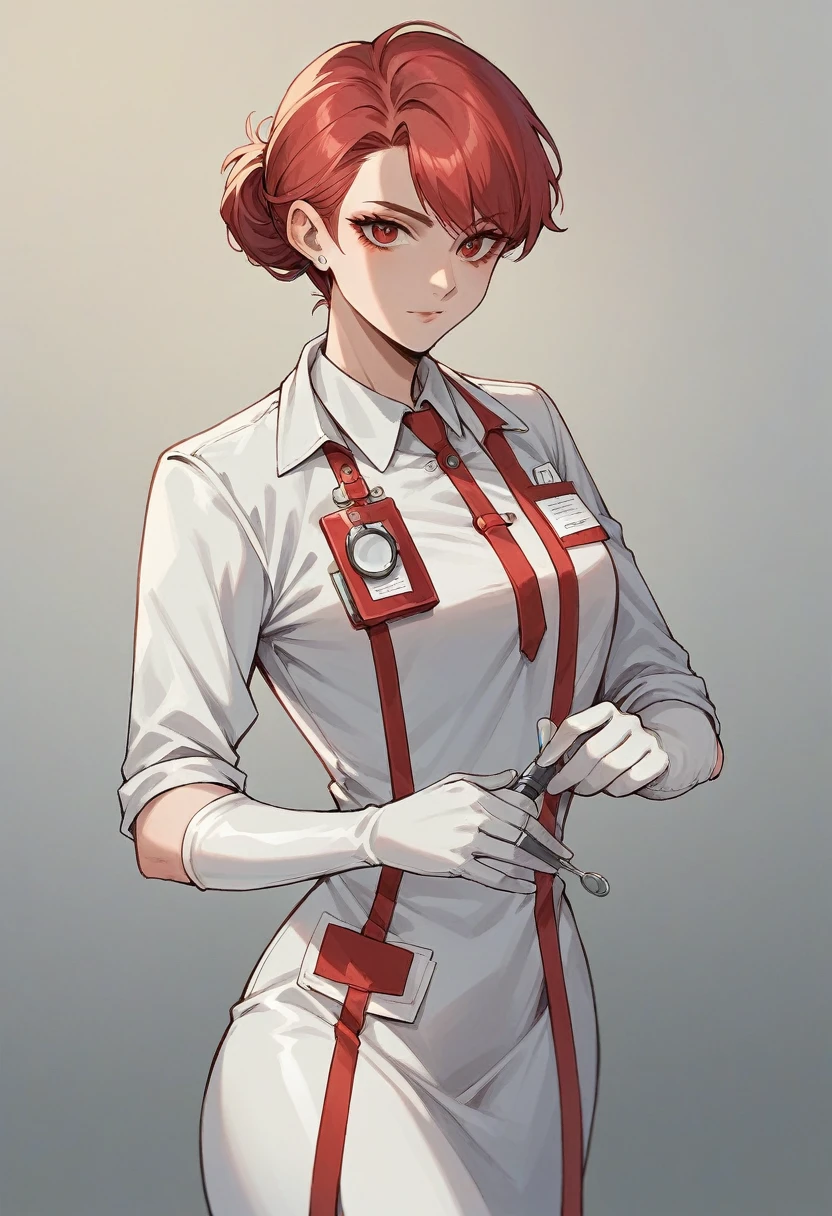 1girl, ((white elbow gloves)), ((surgical gloves)), ((latex gloves)), ((long sleeves)), ((red surgeon outfit)), ((red doctor outfit)), looking at viewer, standing, solo