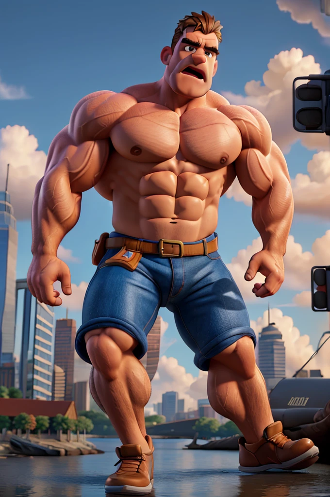 a giant muscular launchpad mcquack, angry expression, city background, large biceps, big pecs, duck, 8k, ultra-detailed, realistic, cinematic lighting, dramatic composition, vivid colors, intricate details, hyper-realistic, masterpiece