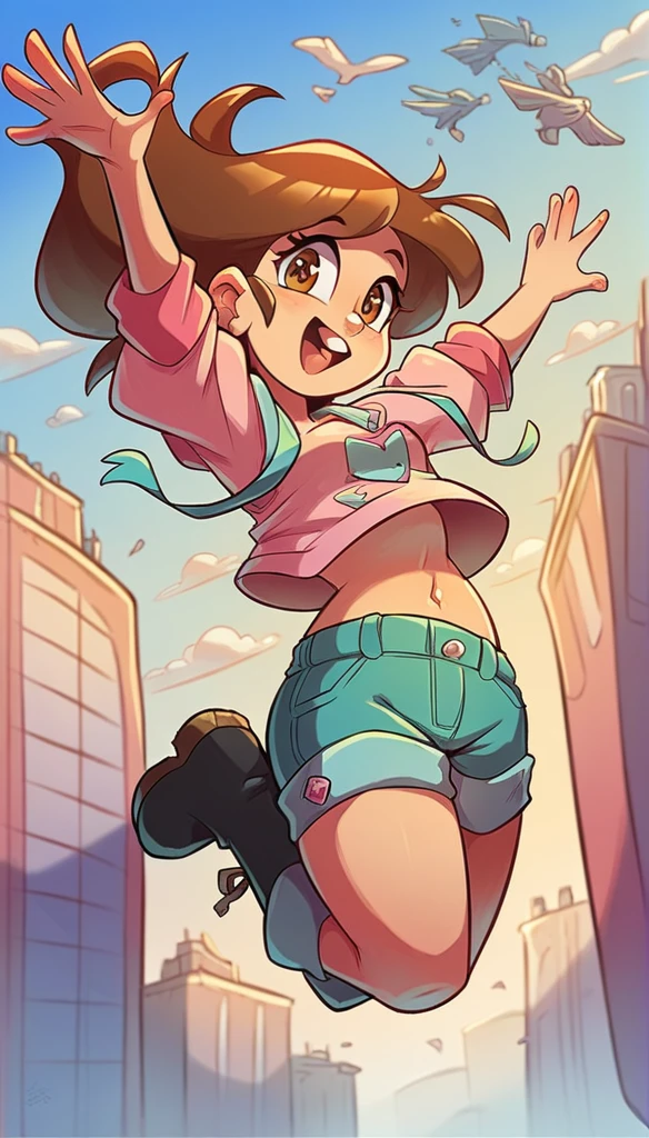 A girl with light skin, sexy, cute, leaders, long brown hair, her brown eye, wears a pink button-down blouse, shows her navel, and a short blue skirt, black shoe, and she travels, flying, sky, city background.