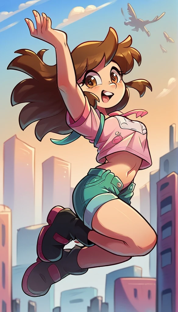 A girl with light skin, sexy, cute, leaders, long brown hair, her brown eye, wears a pink button-down blouse, shows her navel, and a adventure shorts,  black boots, and she travels, flying, sky, city background.