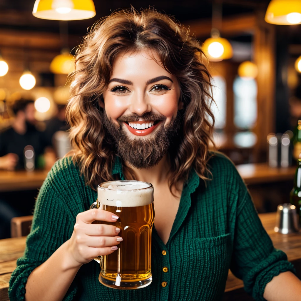 a lovely smiling shaggy hairy bearded woman is holding a mug of beer