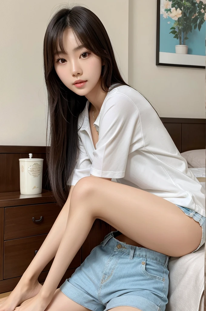 A beautiful korean girl in shorts detailed skin detailed hair detailed face white skin long legs realistic