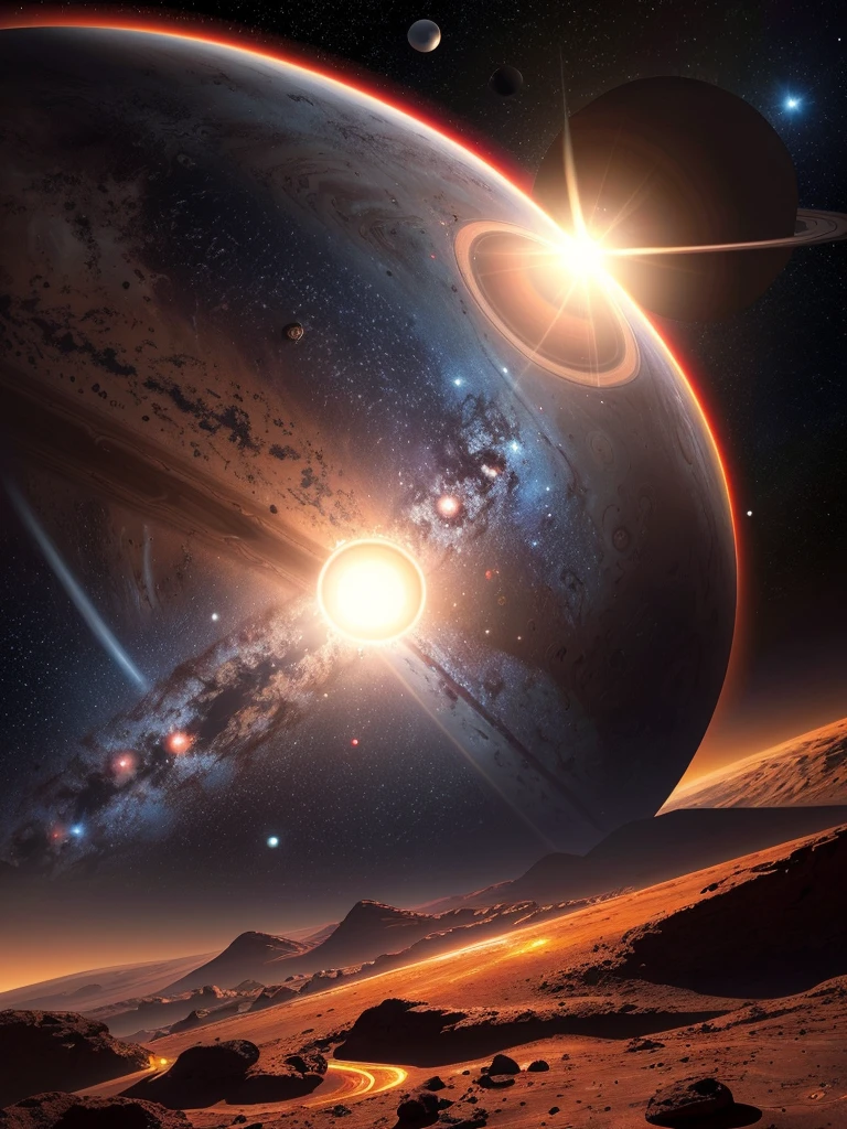 Hyper-realistic digital painting of the solar system, with the Sun at the center radiating intense light and heat, surrounded by the eight planets in their orbits. Mercury, a small rocky planet, is closest to the Sun, followed by the cloud-covered Venus, the vibrant blue Earth with its visible continents and swirling clouds, and the red, dusty Mars. Beyond the asteroid belt, the gas giants Jupiter with its iconic Great Red Spot and Saturn with its stunning rings are prominent. Uranus and Neptune, the distant ice giants, complete the lineup. The blackness of space is dotted with distant stars, and a comet with a glowing tail streaks across the scene, cinematic composition, trending on ArtStation.