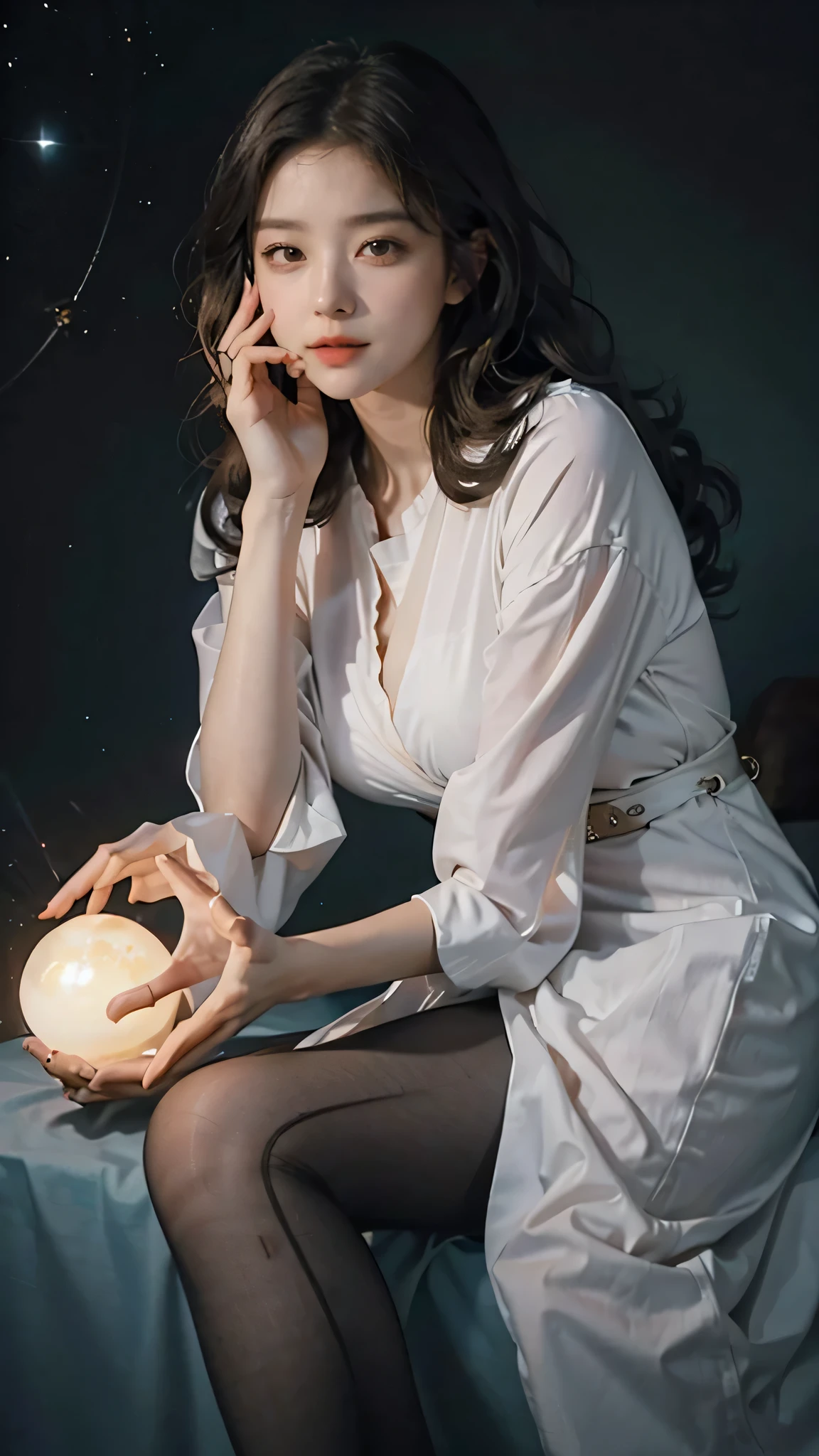 ((1girl)), short dark hair, wavy hair,glowing skin, mouth closed and expressionless, sitting, with her hands holding a glowing orb while two other glowing spheres orbit around her,