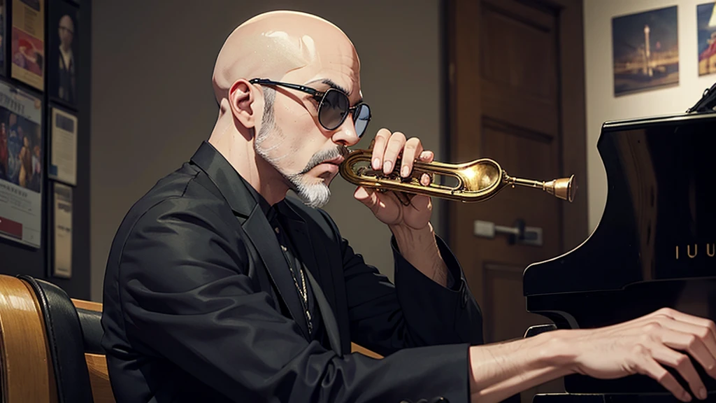 A bald man with a dark beard at a jazz music exhibition, the image has to have a jazz era style